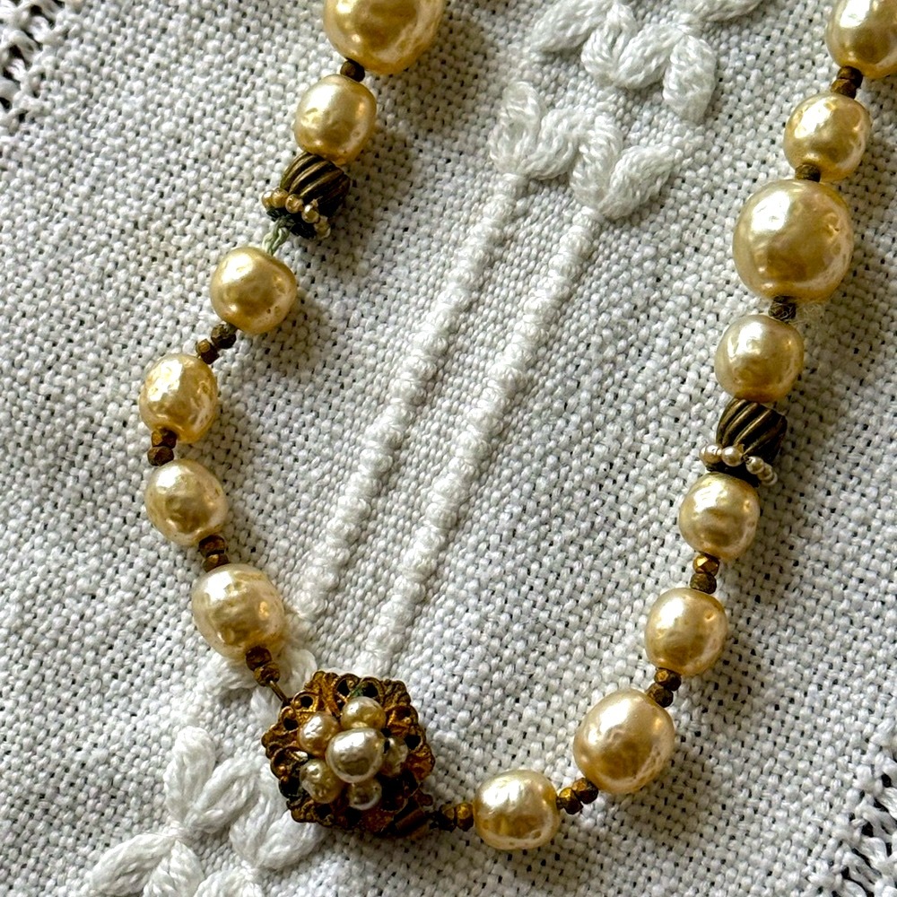 Vintage Miriam Haskell Baroque Pearl Necklace with Stamped Plaque